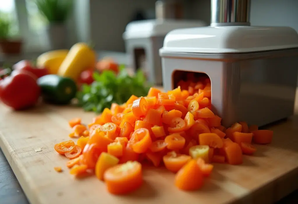 Triturador de alimentos com vegetais frescos.