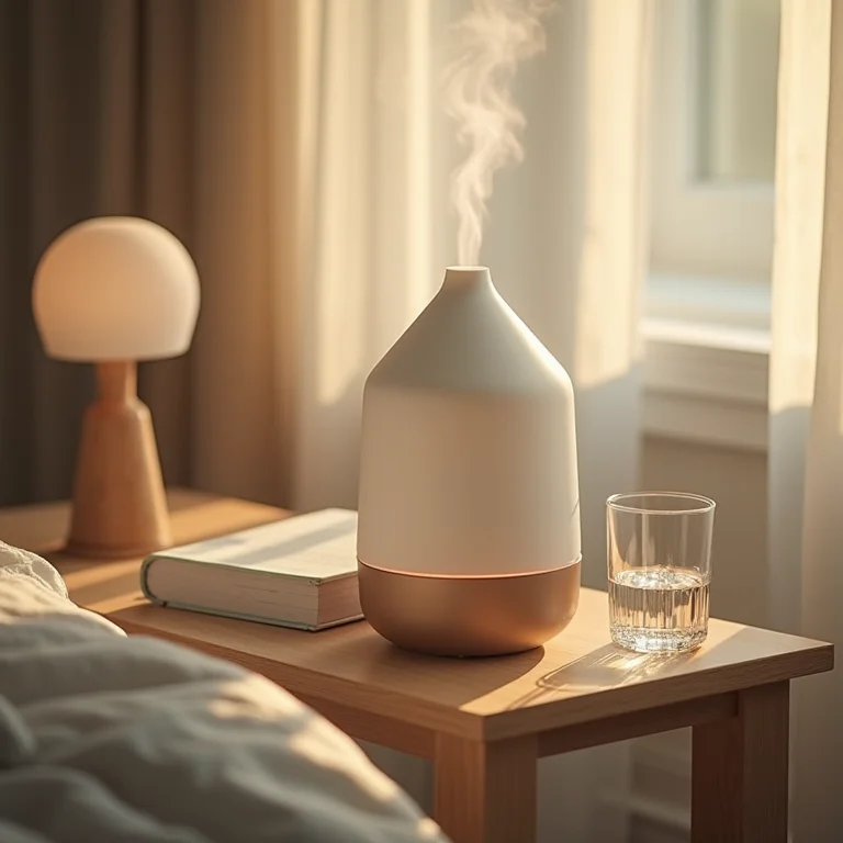 Umidificador de ar de vapor quente em mesa de cabeceira.