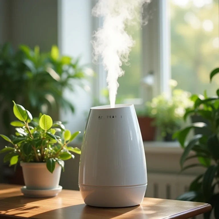 Umidificador evaporativo em ambiente com plantas.