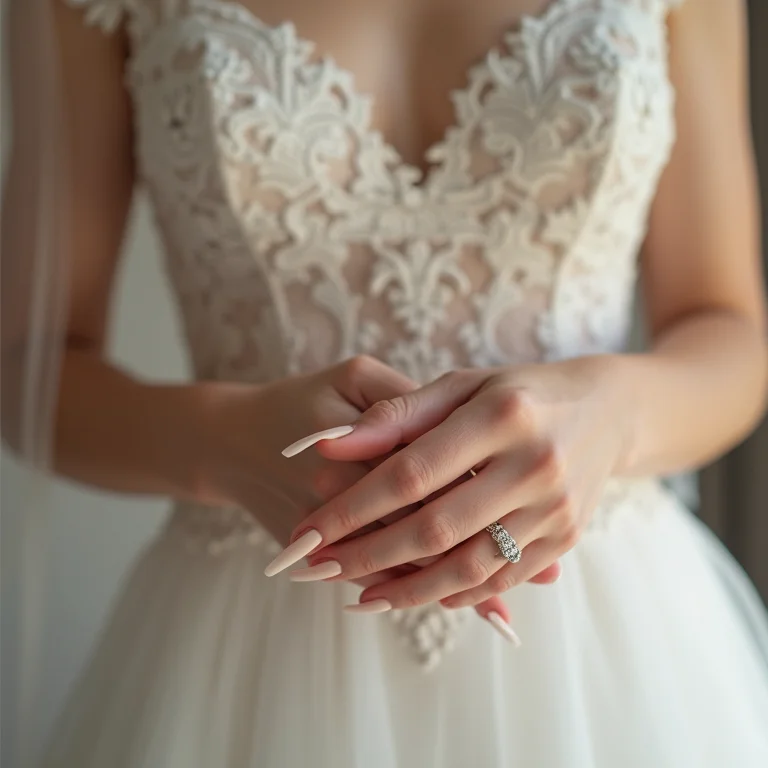 Unhas complementando vestido de noiva e acessórios