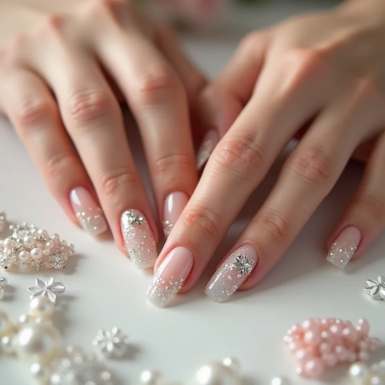 Unhas decoradas com pedrarias e aplicações para noivas