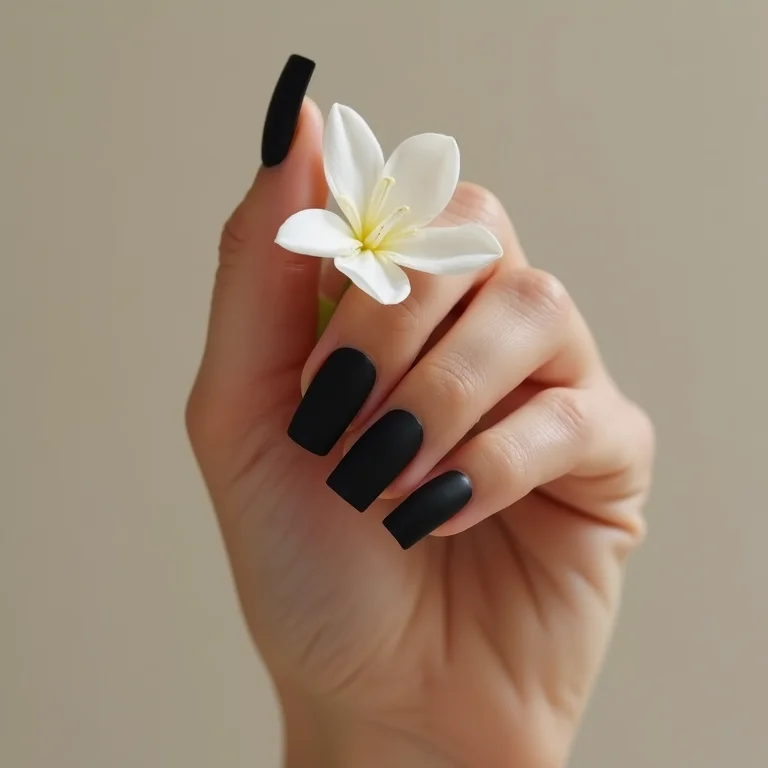 Unhas pretas matte com flor delicada.