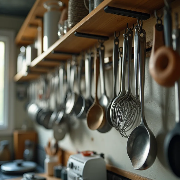 Utensílios de cozinha desorganizados pendurados na parede