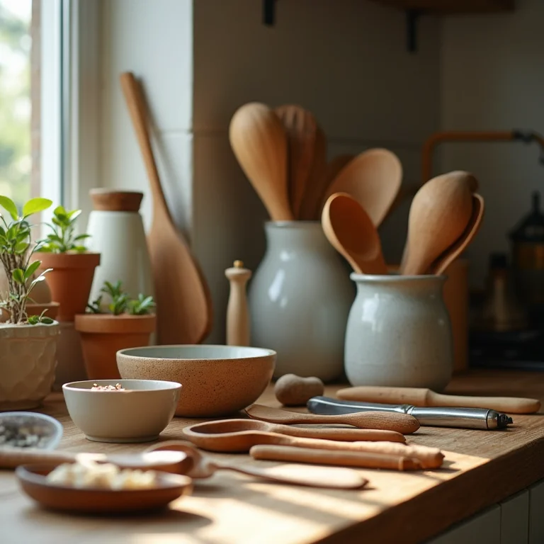 Utensílios de cozinha diversos organizados em uma bancada.