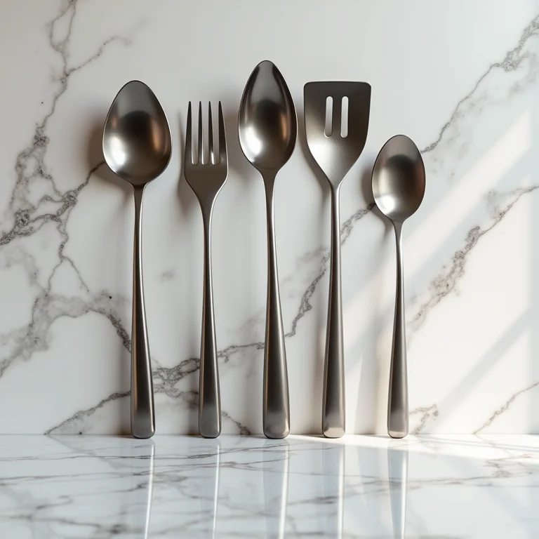 Utensílios de cozinha em inox sobre bancada de mármore
