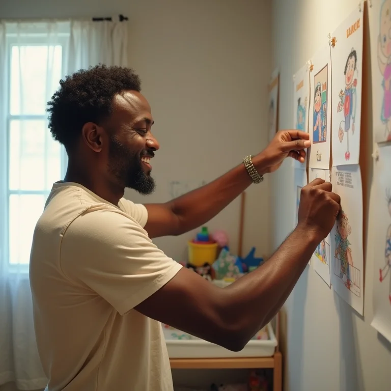 Varal de fotos e desenhos em quarto infantil