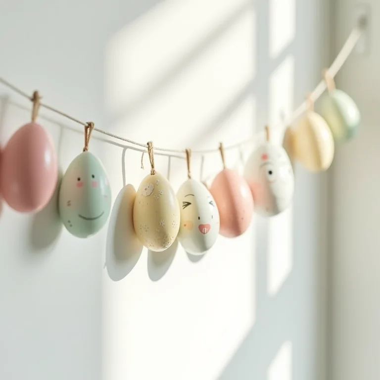 Varal de ovos de Páscoa decorados.