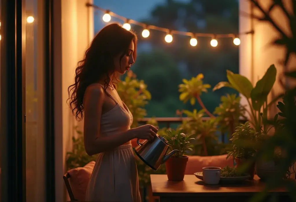 Varanda de apartamento decorada com plantas e iluminação aconchegante