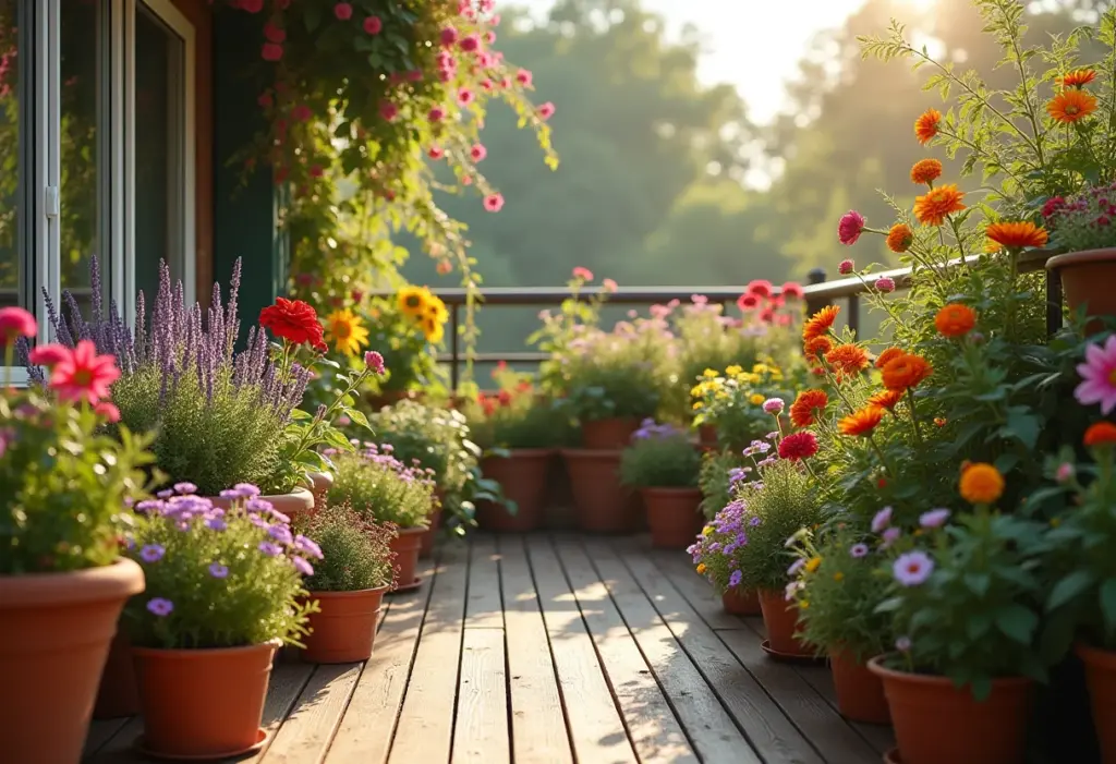 Jardinagem em varandas: as plantas que AMAM sol (e como cuidar) Varanda ensolarada com diversas plantas em vasos.
