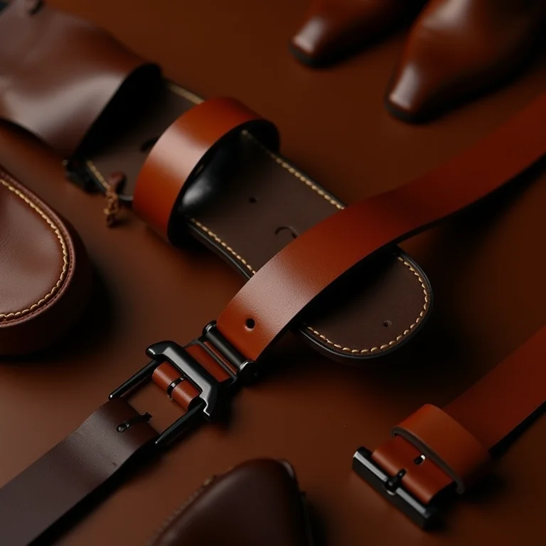 Variações de tons de marrom em cintos e sapatos de couro.