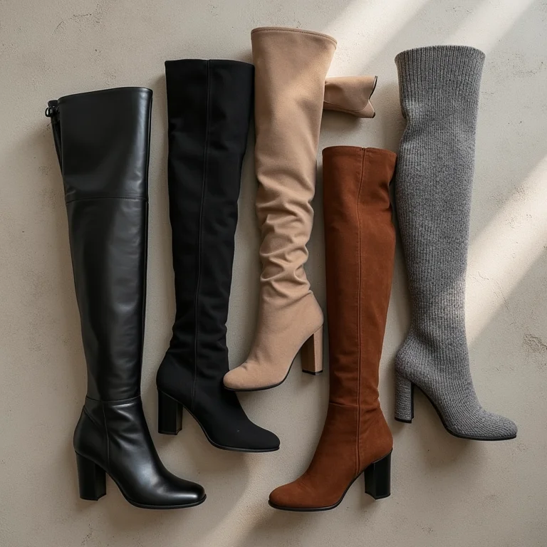 Variedade de botas acima do joelho em flat lay.