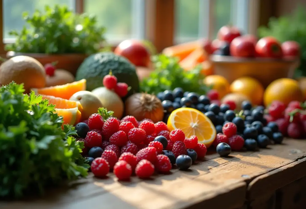 Variedade de frutas e vegetais frescos.