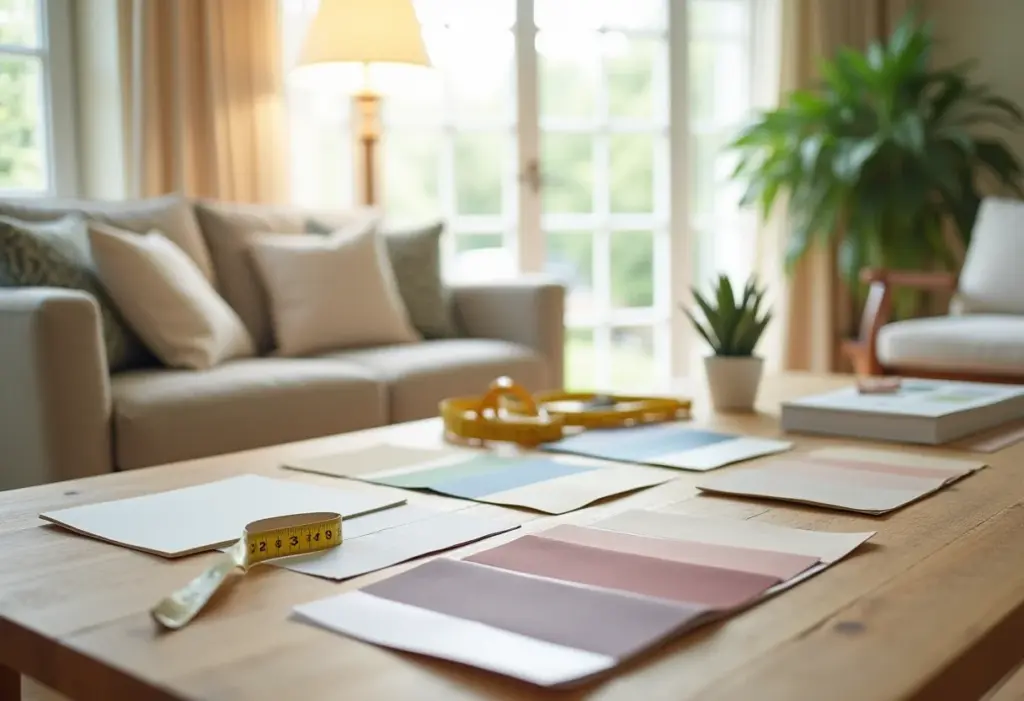 Variedade de papéis de parede e ferramentas de decoração em mesa de madeira.