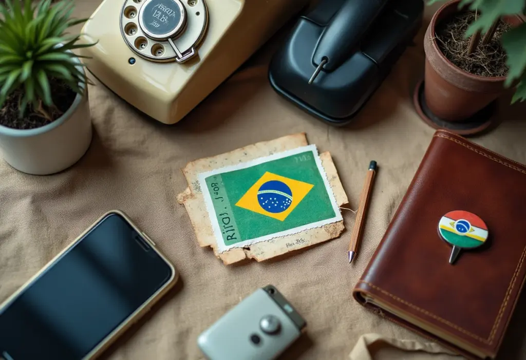 Ligar para o Brasil ficou mais fácil: guia completo e tarifas! Vários telefones e objetos de viagem representando ligações para o Brasil