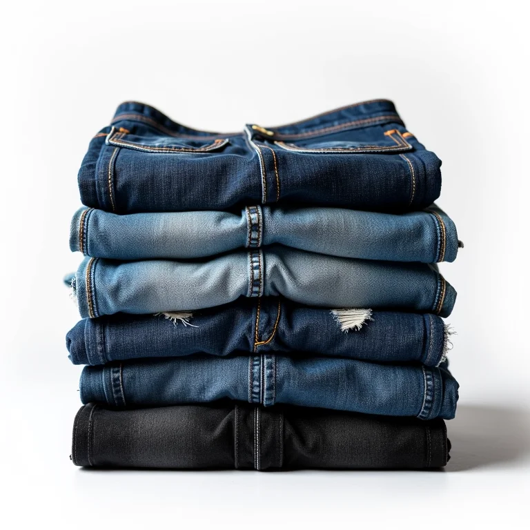 Vários tipos de jeans dobrados e empilhados
