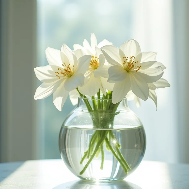 Vaso de cristal com flores brancas refletindo a luz.