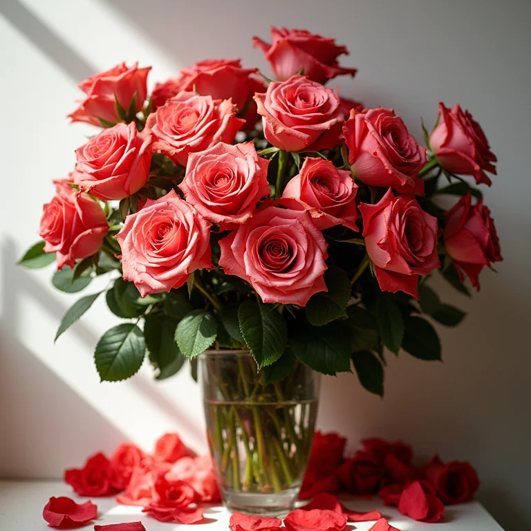 Vaso de rosas superlotado com pétalas murchas.