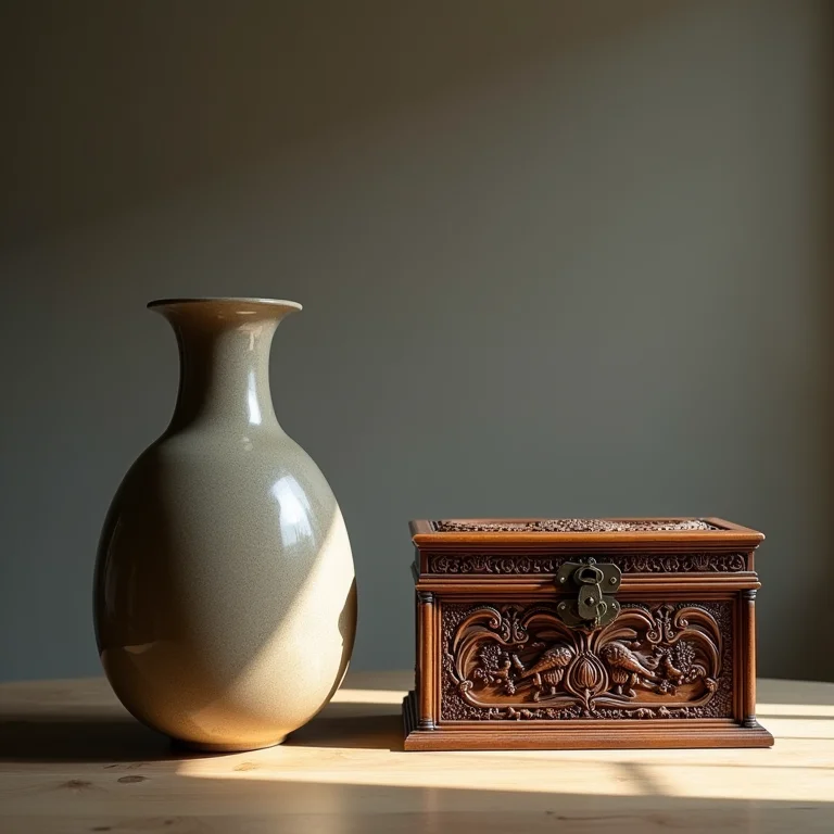 Vaso moderno ao lado de caixa de madeira antiga