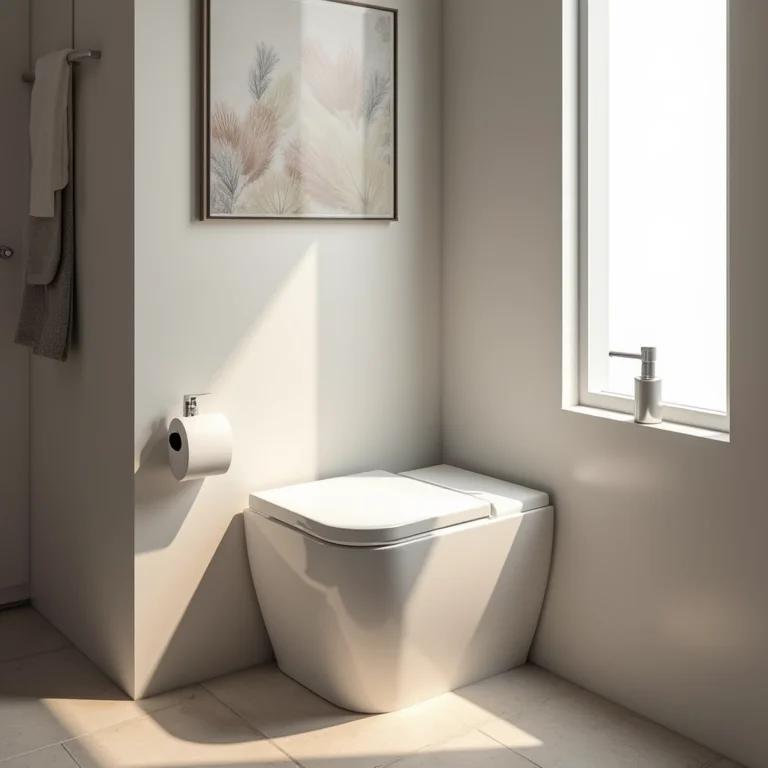 Vaso sanitário de canto otimizando espaço em banheiro pequeno.