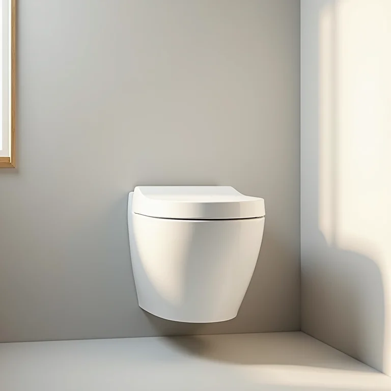 Vaso sanitário suspenso com caixa acoplada em banheiro moderno.