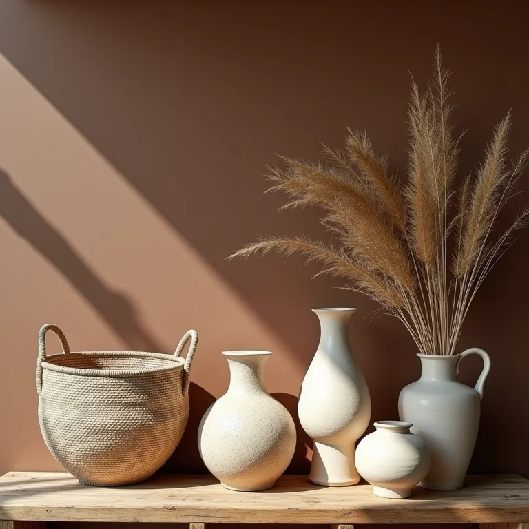 Vasos de cerâmica artesanais e cestos de vime em prateleira de madeira rústica