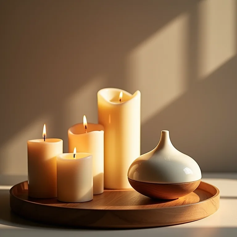 Velas de diferentes tamanhos e texturas com difusor de óleos essenciais