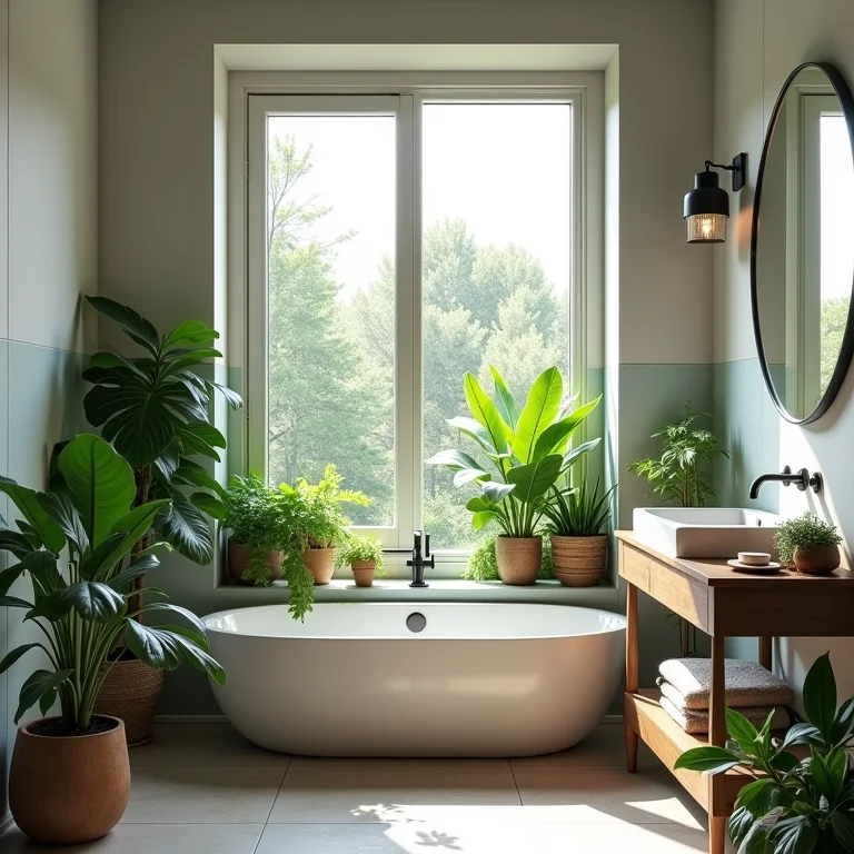 Ventilação e plantas em banheiro pequeno para um ambiente saudável.