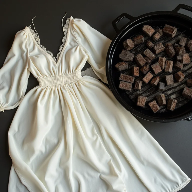 Vestido de seda danificado perto de uma churrasqueira.