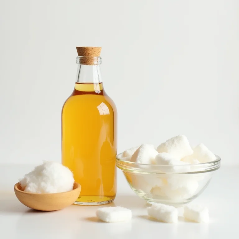 Vinagre de maçã, algodão e tigela em composição flat lay