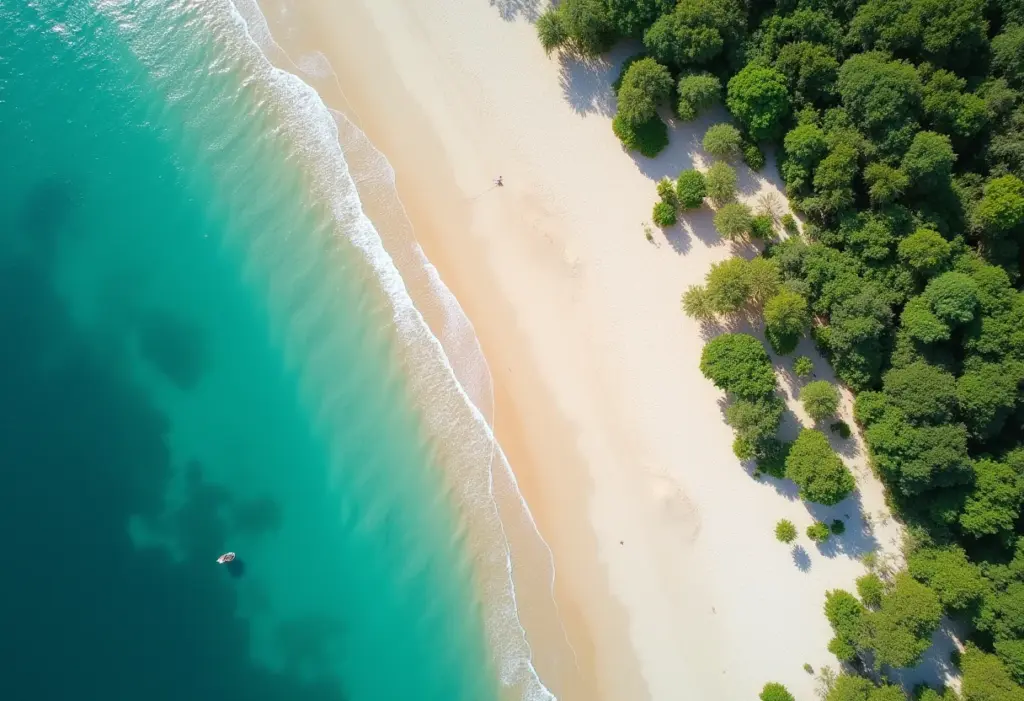 Praia do Saco: O mapa secreto paraíso em Sergipe que ninguém revela Vista aérea da Praia do Saco, Sergipe, com águas turquesas e dunas de areia branca.