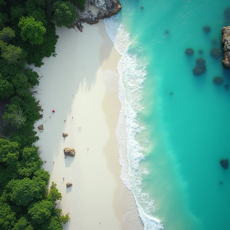 Vista aérea de praia paradisíaca com águas cristalinas e vegetação exuberante.