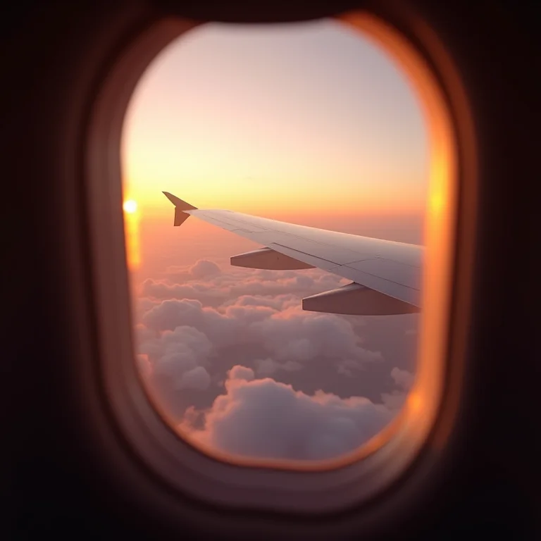 Vista da janela de avião durante o pôr do sol