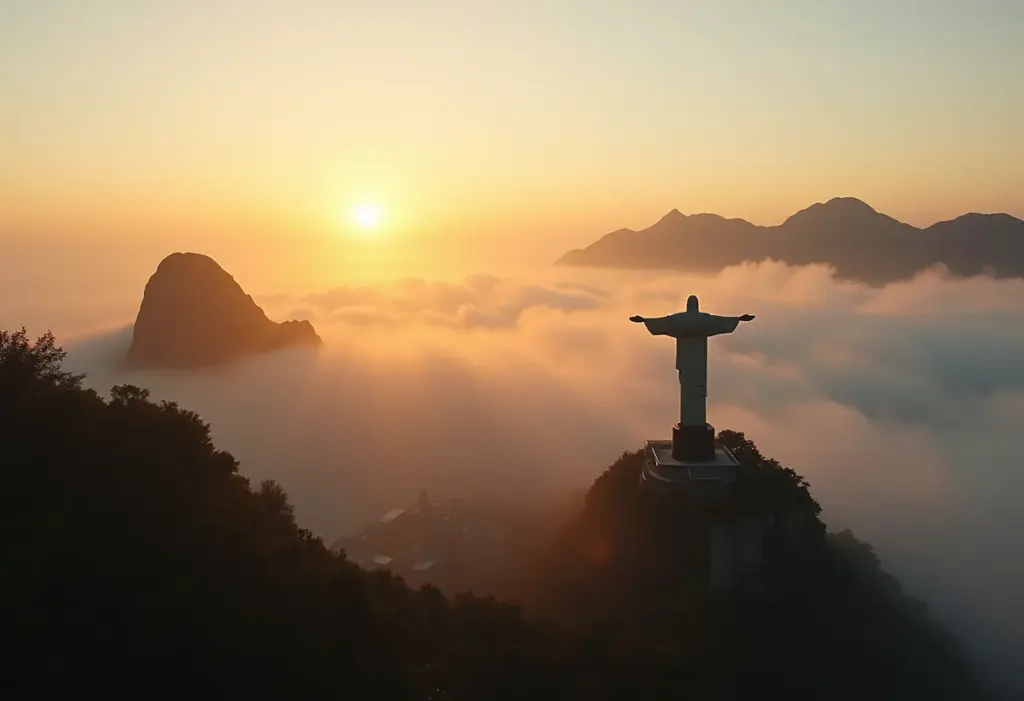 Vista do Cristo Redentor sob neblina ao nascer do sol.