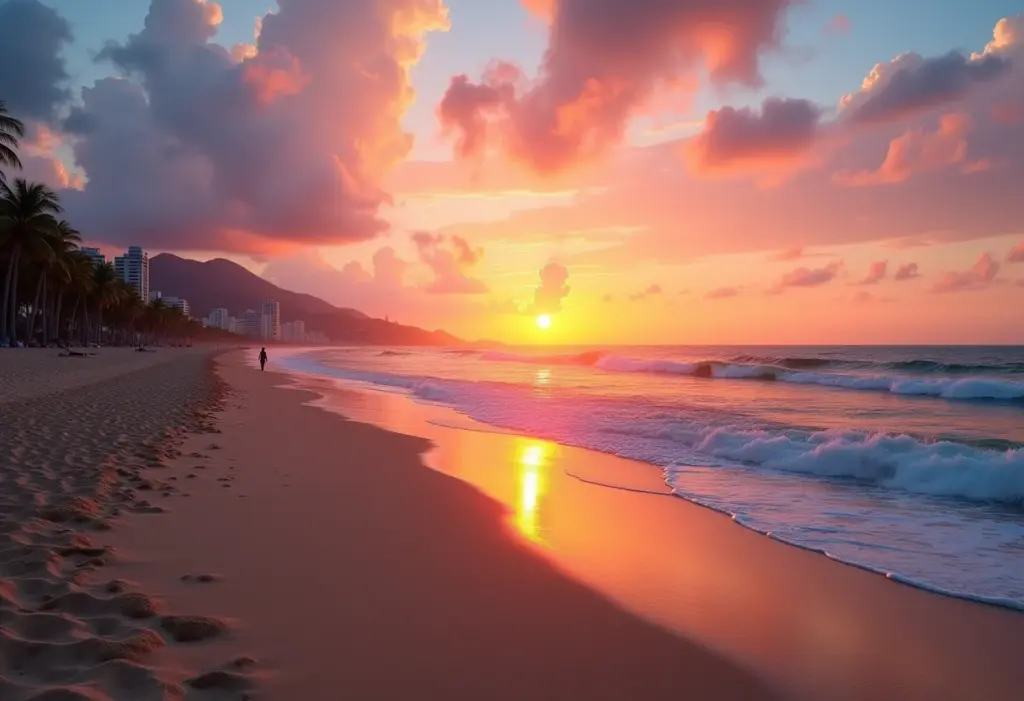 Vista panorâmica da Praia de Copacabana ao pôr do sol