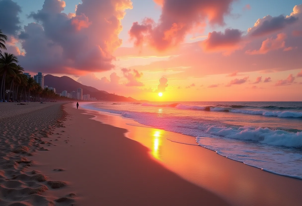 Vista panorâmica da Praia de Copacabana ao pôr do sol