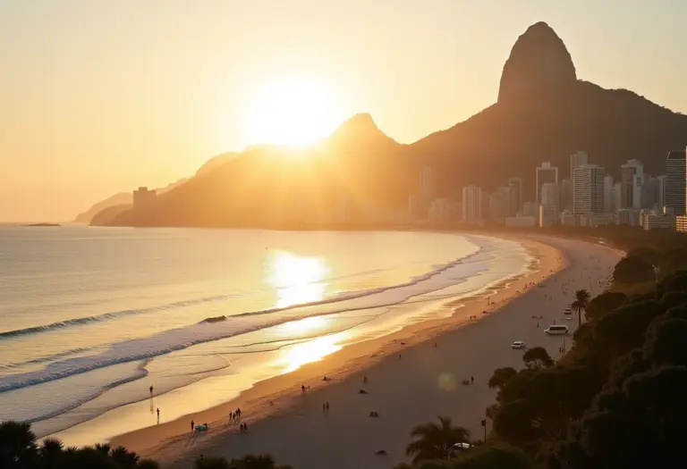 Vista panorâmica da Praia de Copacabana ao pôr do sol