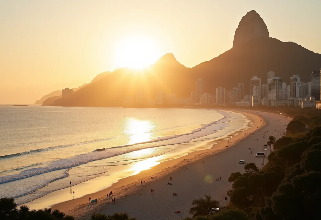Vista panorâmica da Praia de Copacabana ao pôr do sol