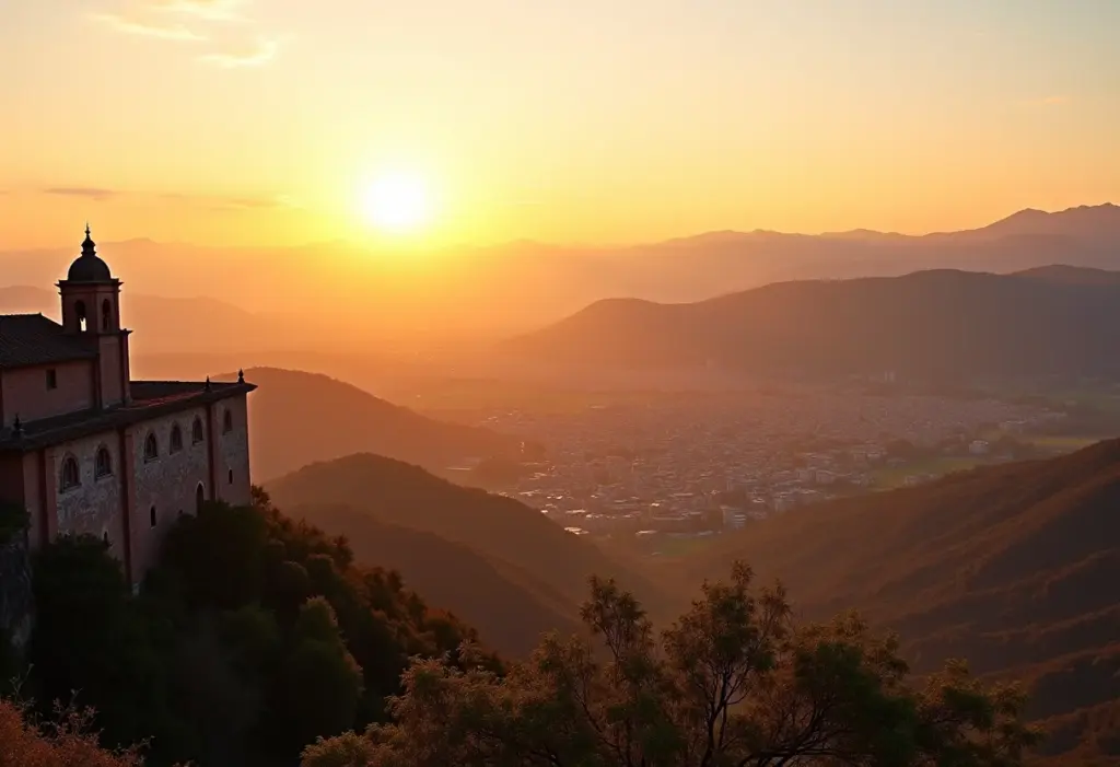 Vista panorâmica de Ouro Preto ao pôr do sol, destacando a arquitetura colonial.