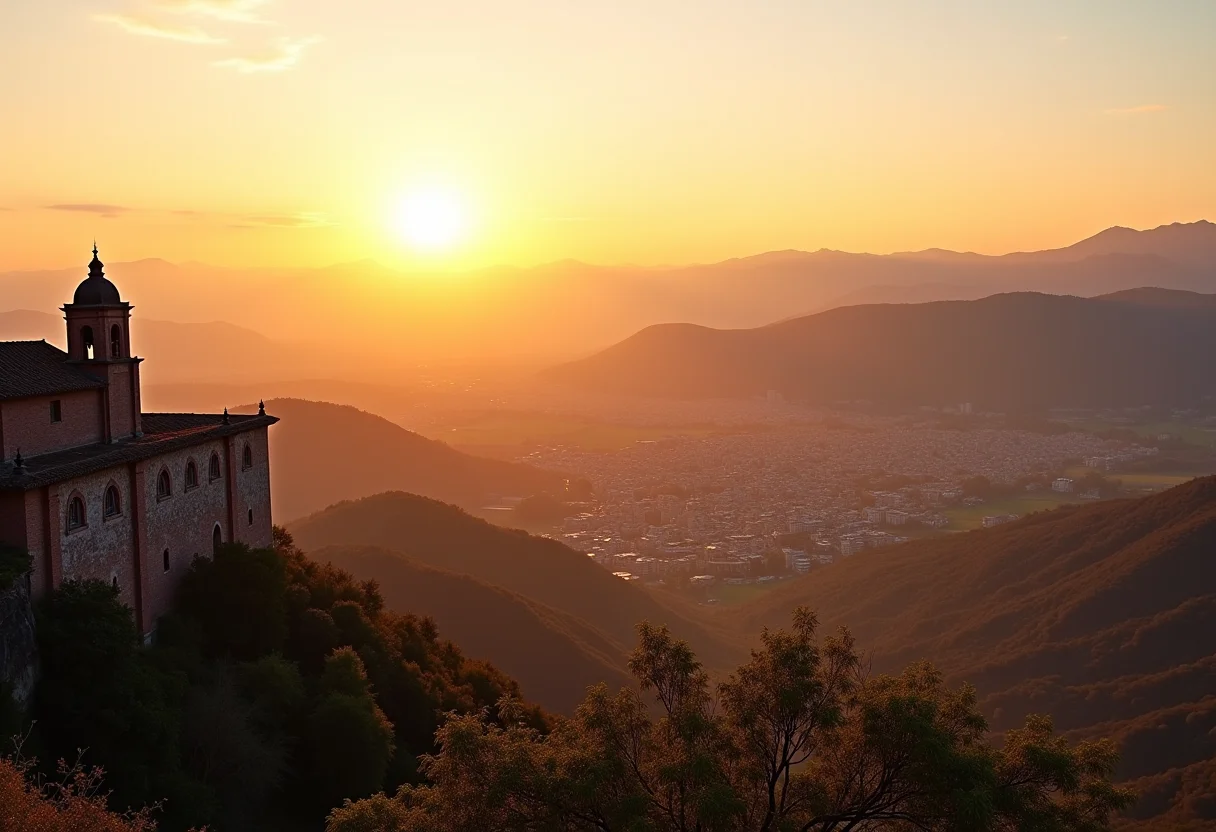Vista panorâmica de Ouro Preto ao pôr do sol, destacando a arquitetura colonial.