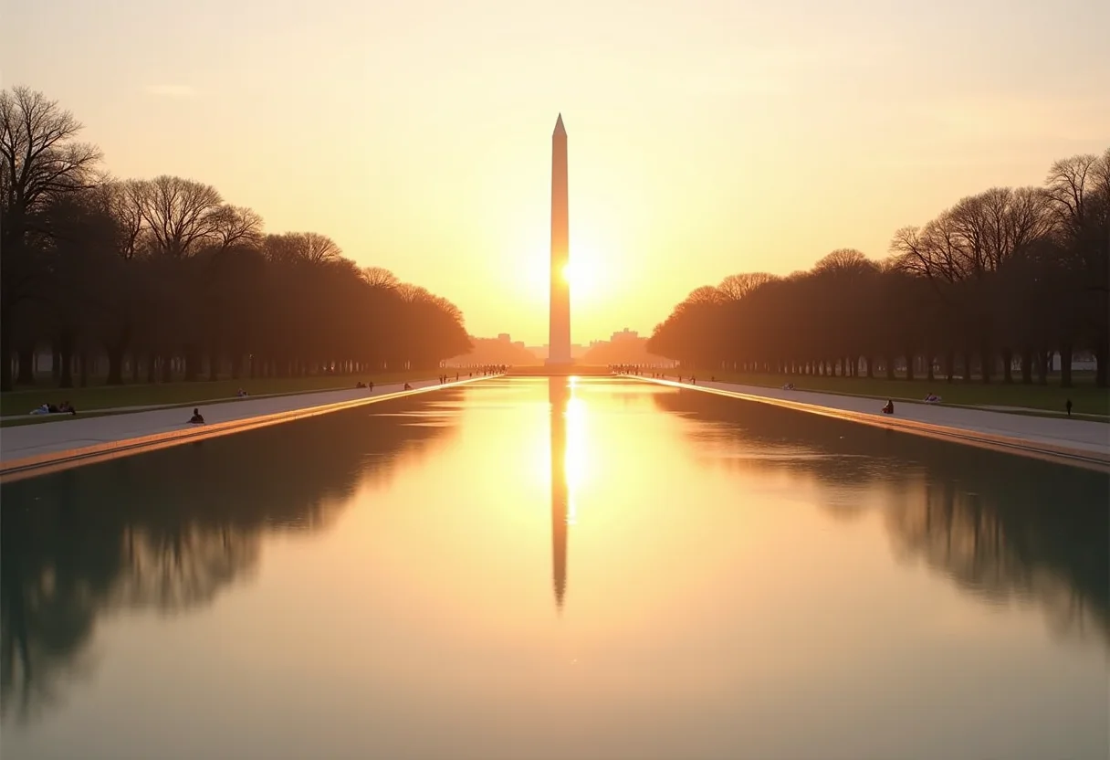 Vista panorâmica do National Mall em Washington DC ao pôr do sol.