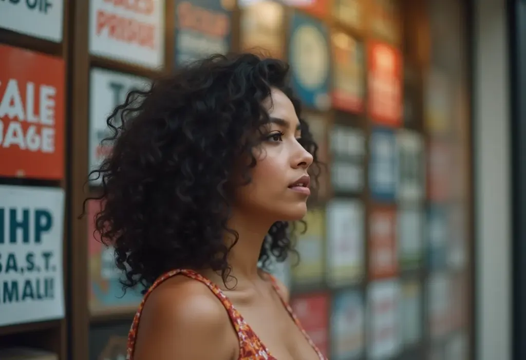 Vitrine de loja com excesso de informação e promoções.