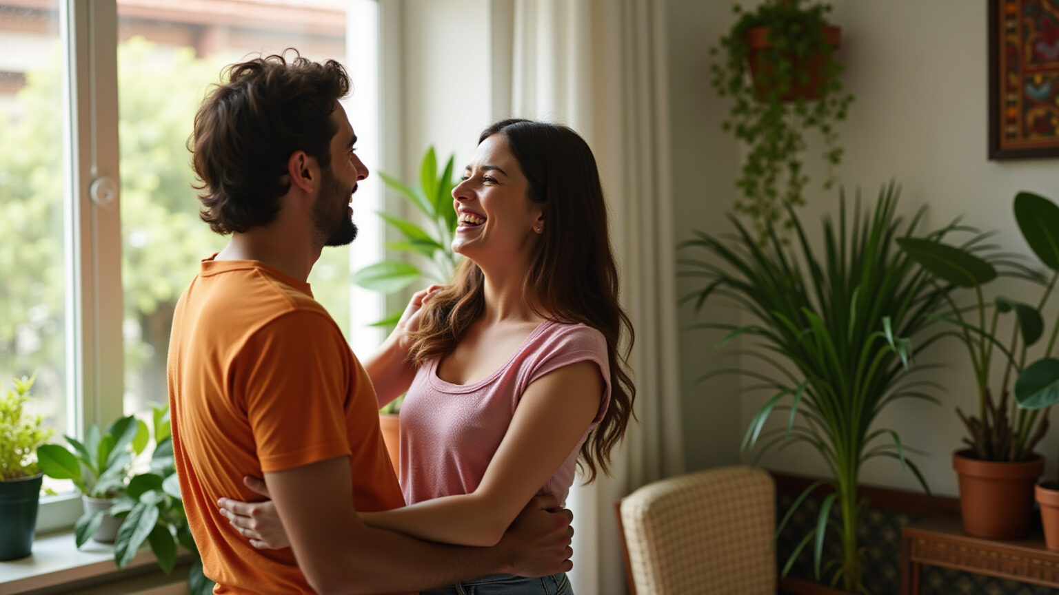 Casal se reconciliando em lar brasileiro ensolarado.