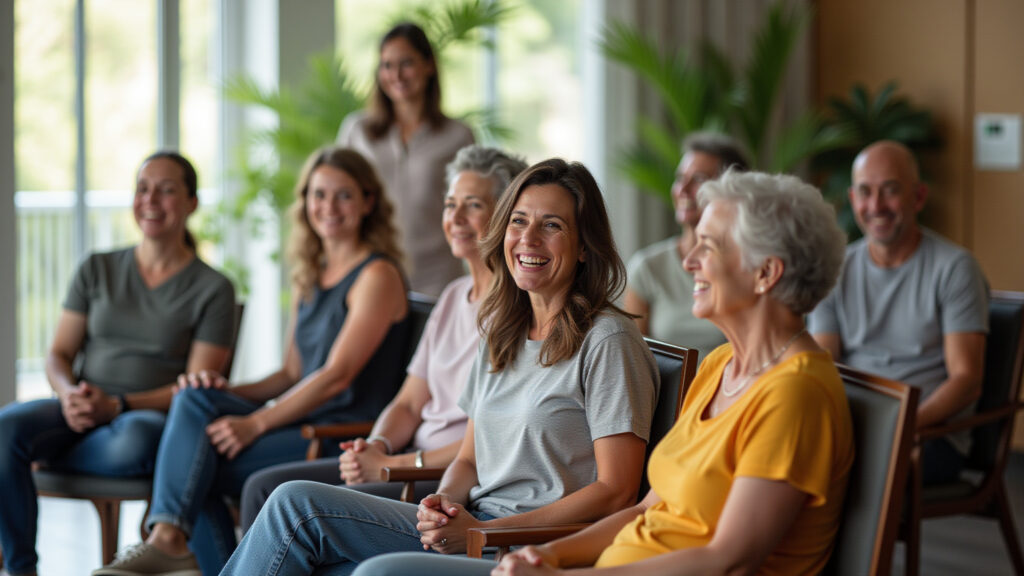 Clínica de reabilitação acolhedora com equipe e pacientes em terapia de grupo.