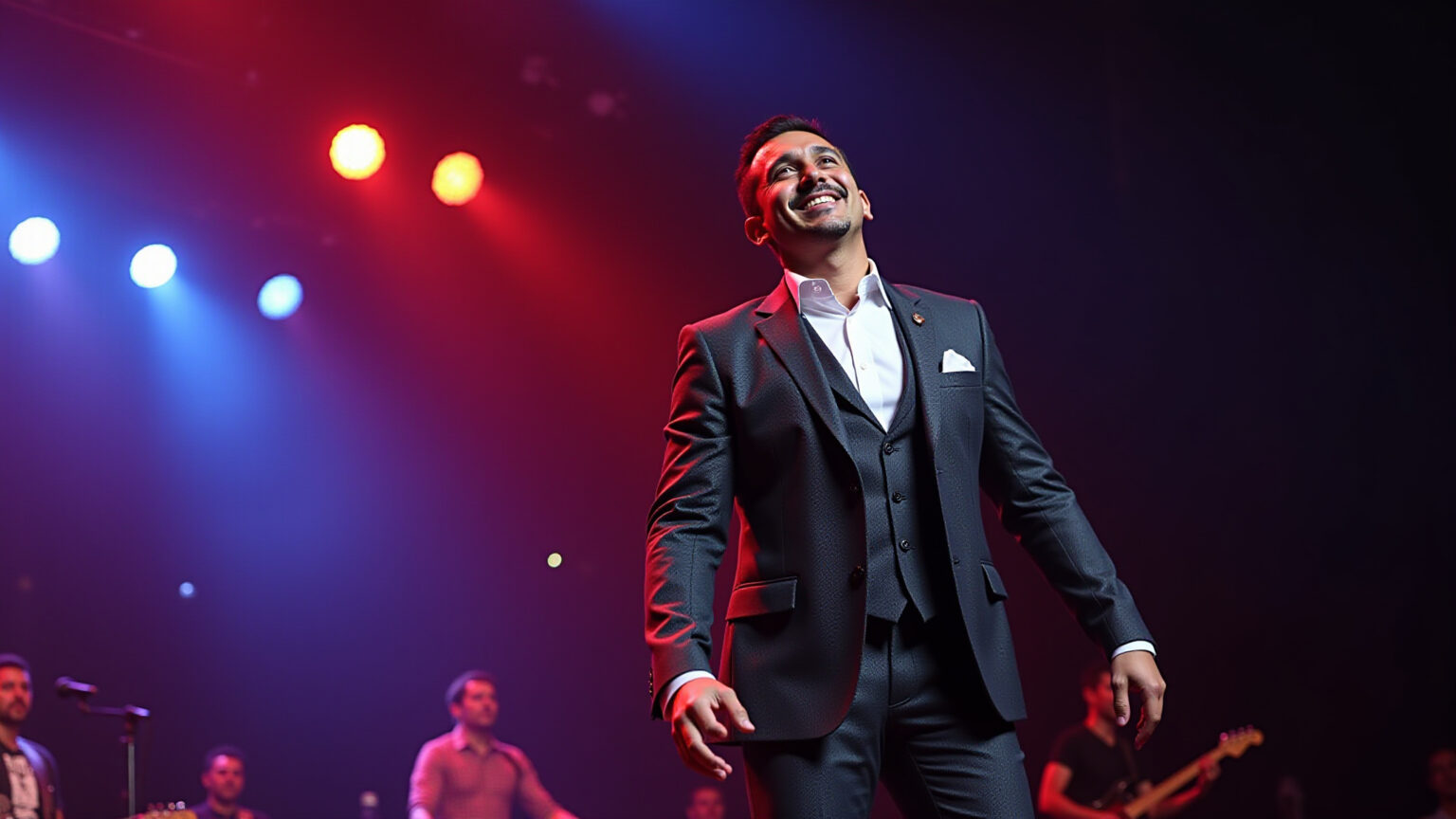 Cantor Leonardo sorrindo no palco durante show sertanejo.