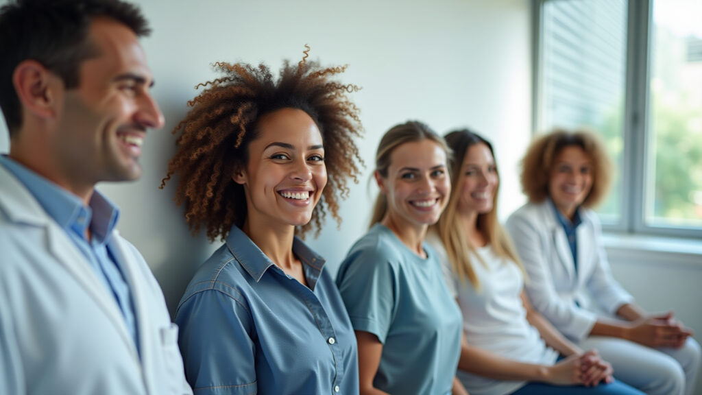 Pessoas diversas fazendo check-up preventivo em clínica moderna no Brasil.