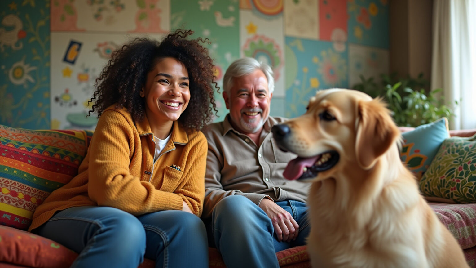 Por Que Cães Reagem à Música? Entenda o Comportamento Canino Cão interagindo com música em sala brasileira inspirada no estilo Farm Rio.