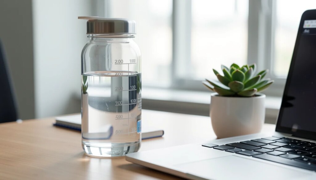 Estratégias Simples para Manter a Hidratação em Dia Durante o Horário de Trabalho Garrafa de água com marcações de volume em uma mesa de escritório
