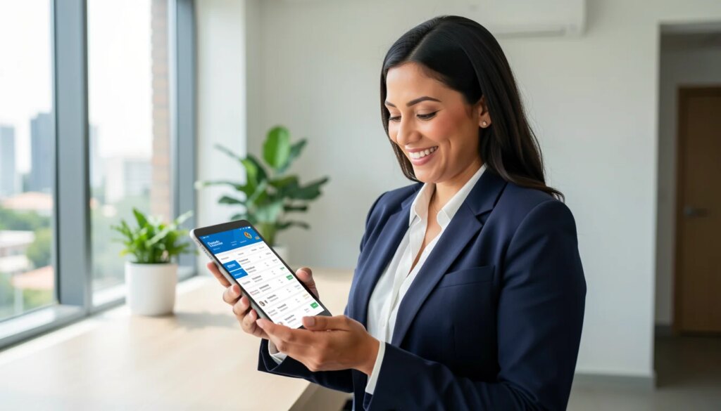 Consulta ao PNCP vira habilidade comercial para empresas que vendem ao governo Empresária confiante analisando dados de contratos públicos em tablet no escritório