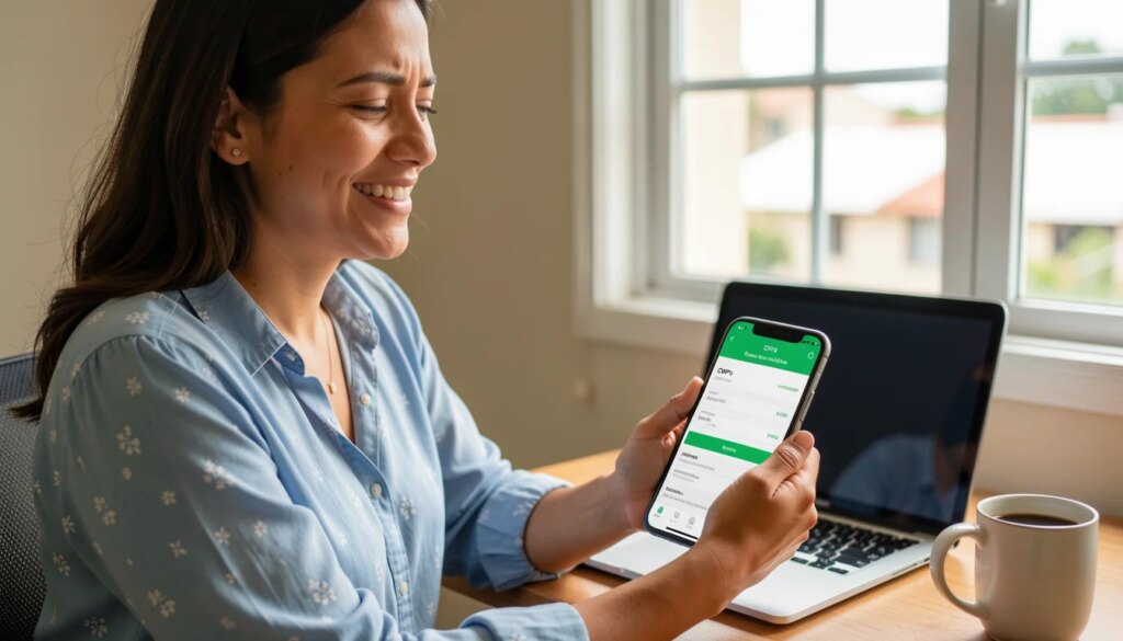 Mulher sorrindo aliviada ao consultar CNPJ no celular em casa