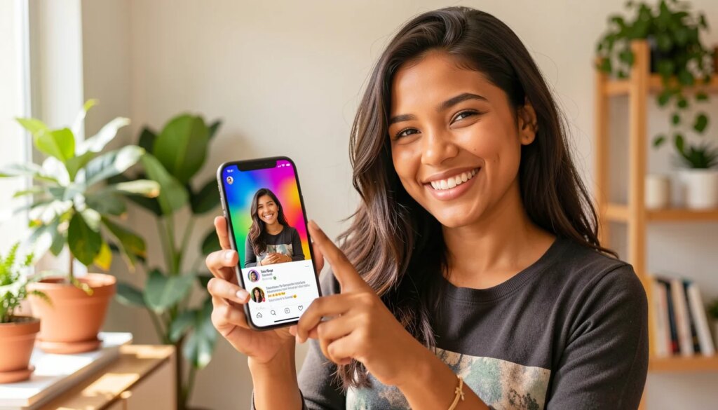 Ideias Criativas para Perfis e Mensagens nas Redes Sociais: Saia do Template Mulher sorridente segurando smartphone com perfil organizado e colorido em casa